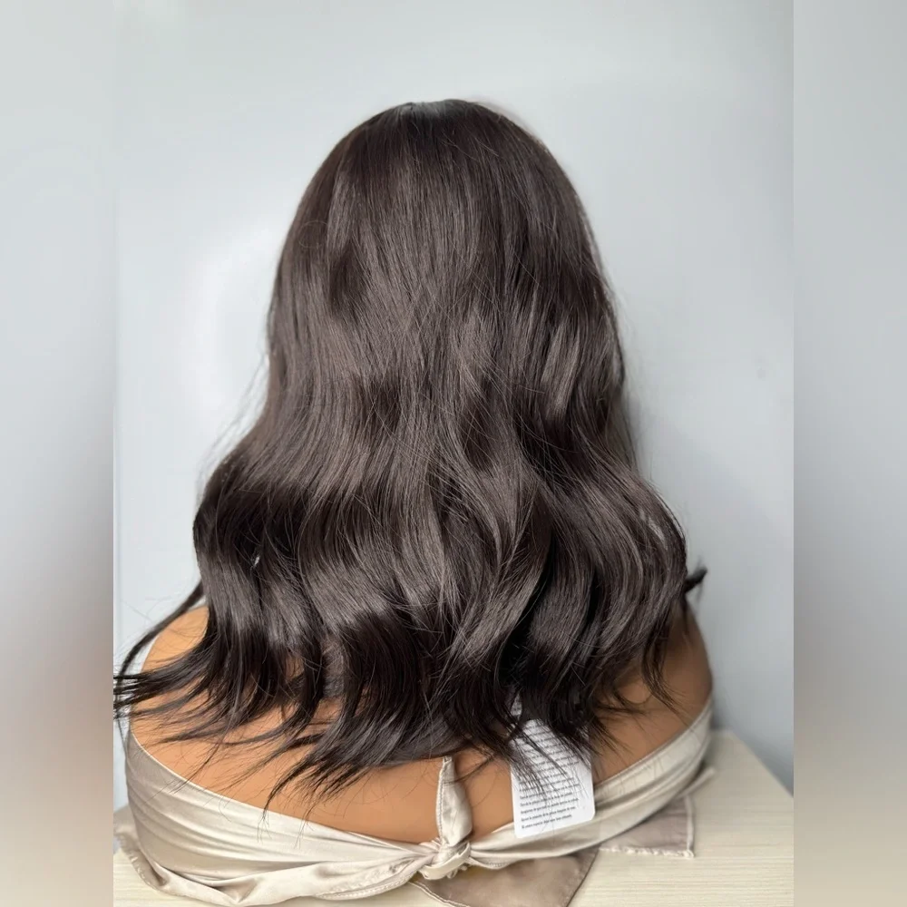 14” Dark Brown Wavy Synthetic Wig with Bangs – Natural Look, Classic Cap